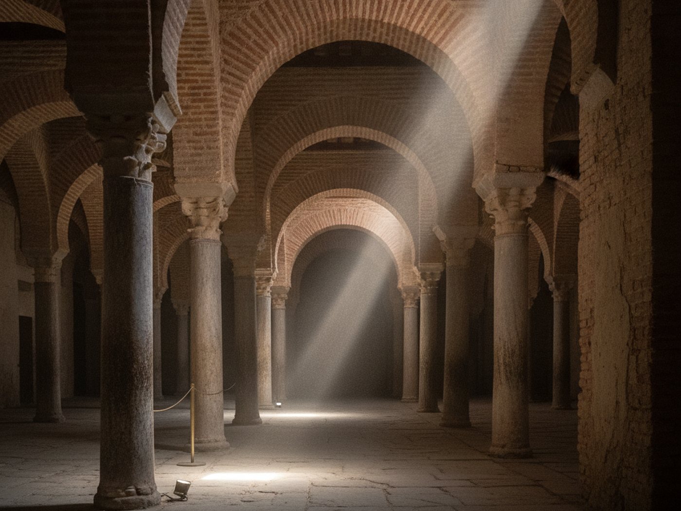 Rows of horseshoe arches in brick and stone inside a Moorish hall, lit by a shaft of sun