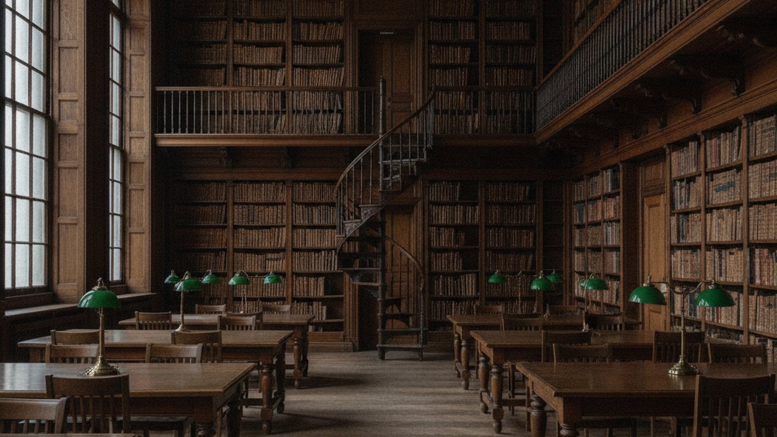 An empty university library reading room with tall oak stacks, long tables and green-shaded lamps