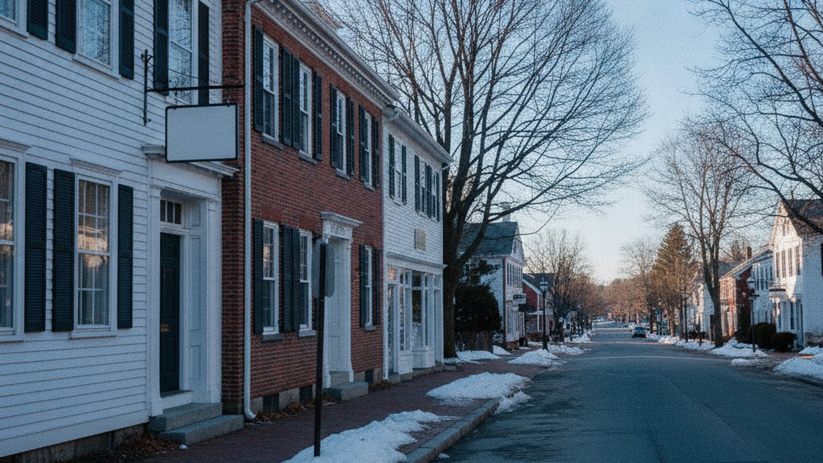 A New England village main street of white clapboard and red brick buildings with a church steeple, under low winter sun